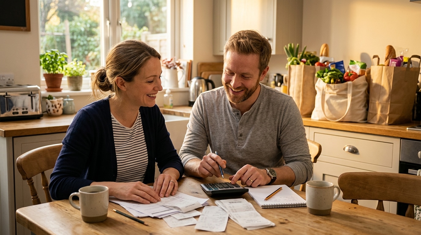 Couple calculant ses économies sur les courses