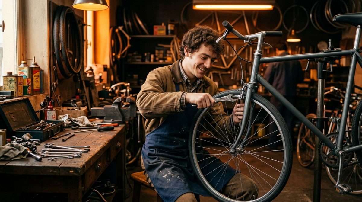 Mécanicien assemblant un vélo gris dans les années 70
