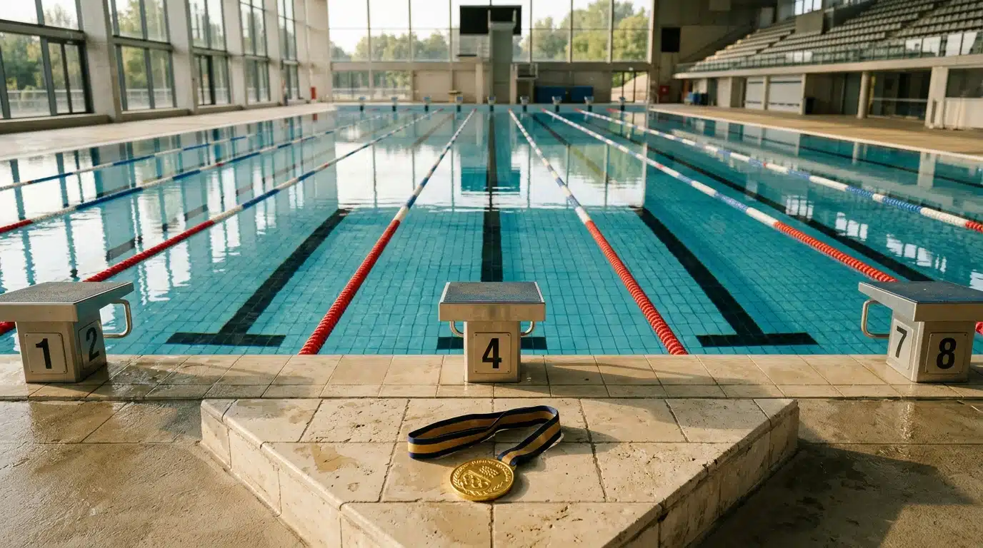 Médaille d'or posée au bord d'une piscine vide