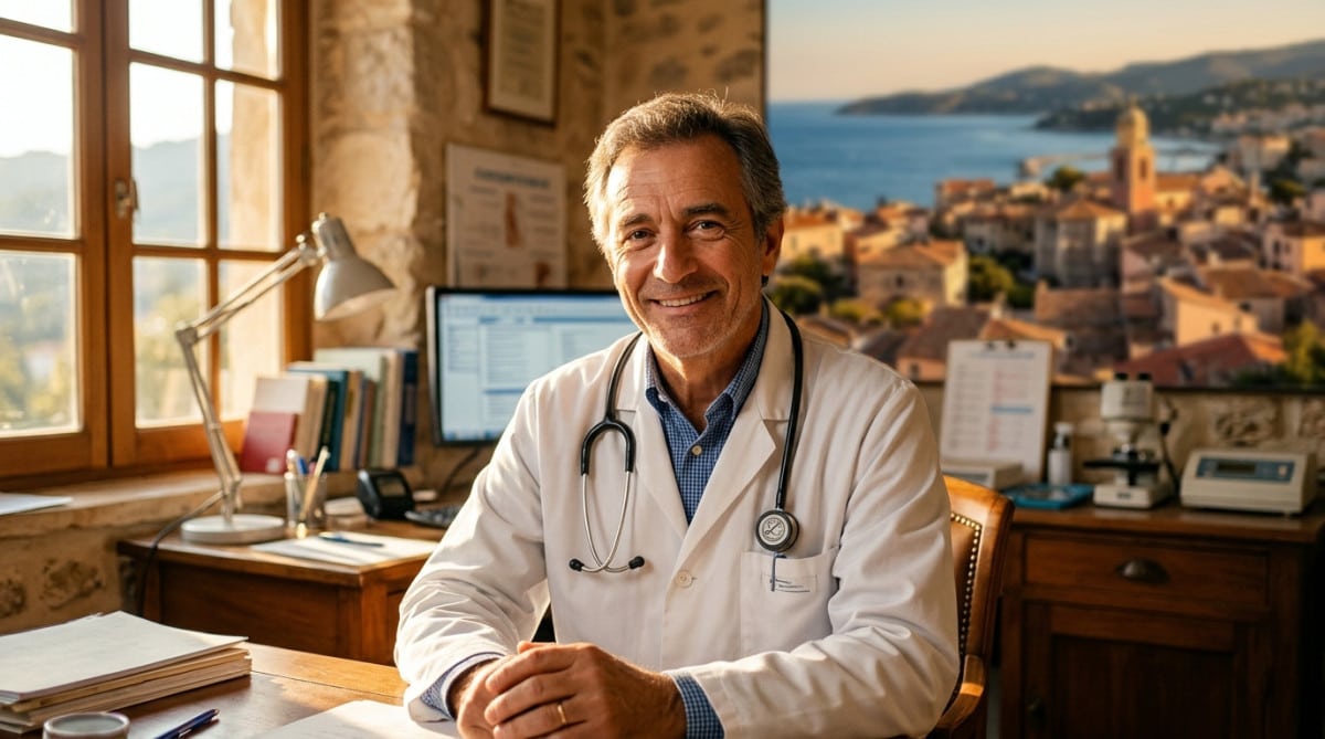 Médecin souriant dans un cabinet ensoleillé du Sud