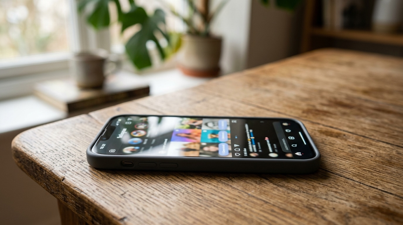 Smartphone affichant un fil de réseau social flou avec des commentaires