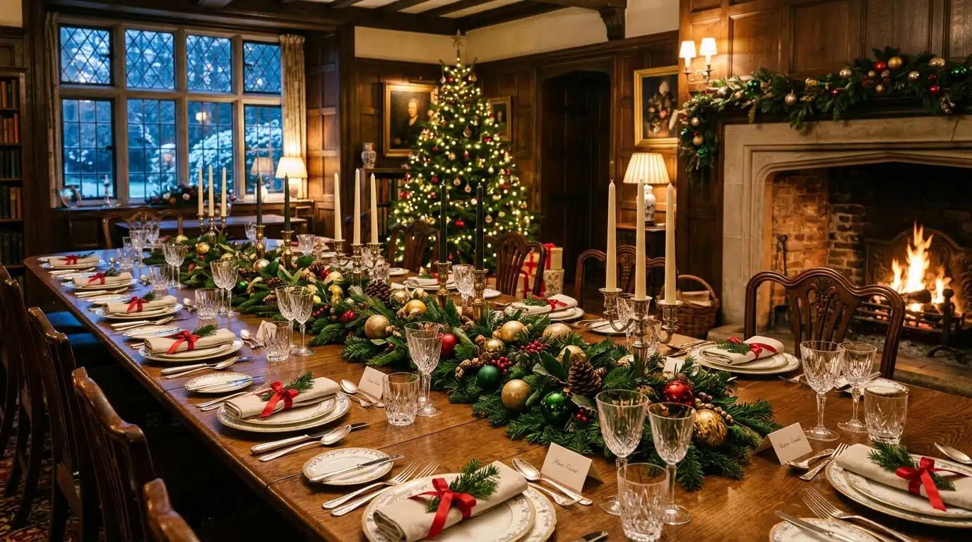 Table de Noël dressée avec des chaises vides
