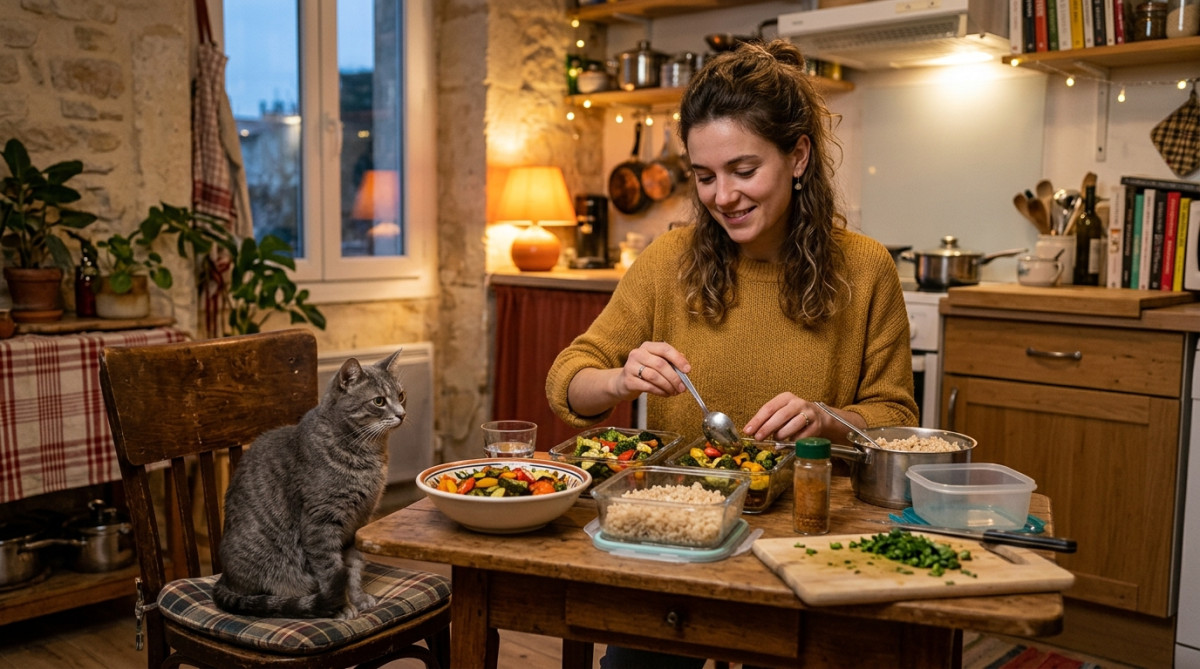 Mélanie prépare ses repas du dimanche dans son appartement montpelliérain