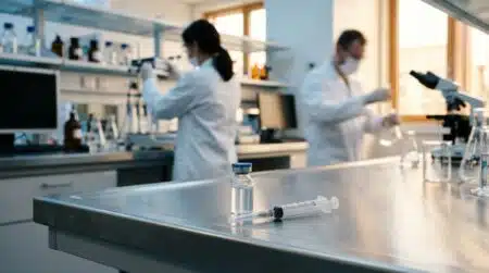Flacon de vaccin et seringue sur paillasse de laboratoire