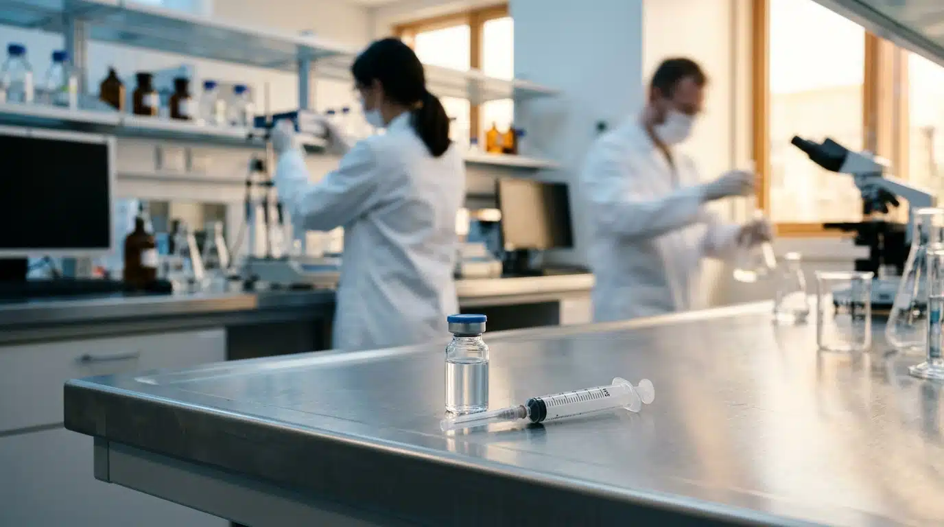 Flacon de vaccin et seringue sur paillasse de laboratoire