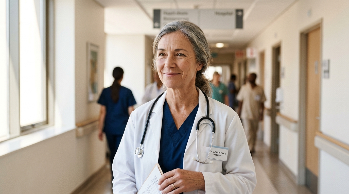 Oncologue au regard plein d'espoir dans un couloir d'hôpital