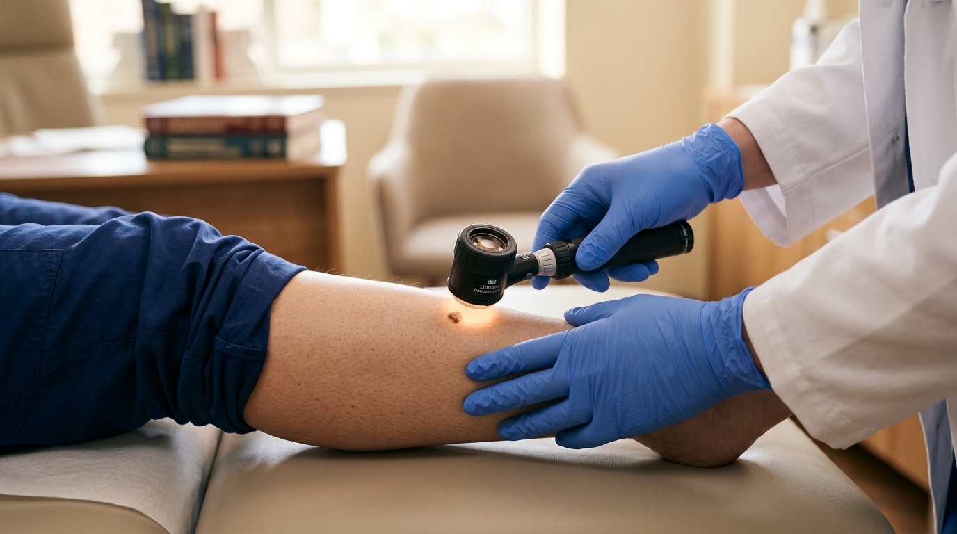 Mains gantées examinant une tache sur une jambe