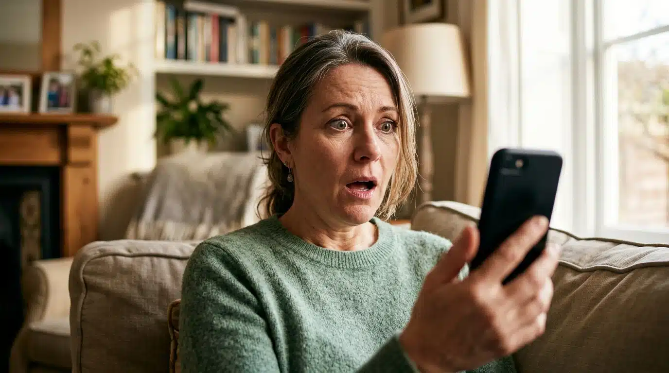 Personne stupéfaite devant son smartphone dans un salon