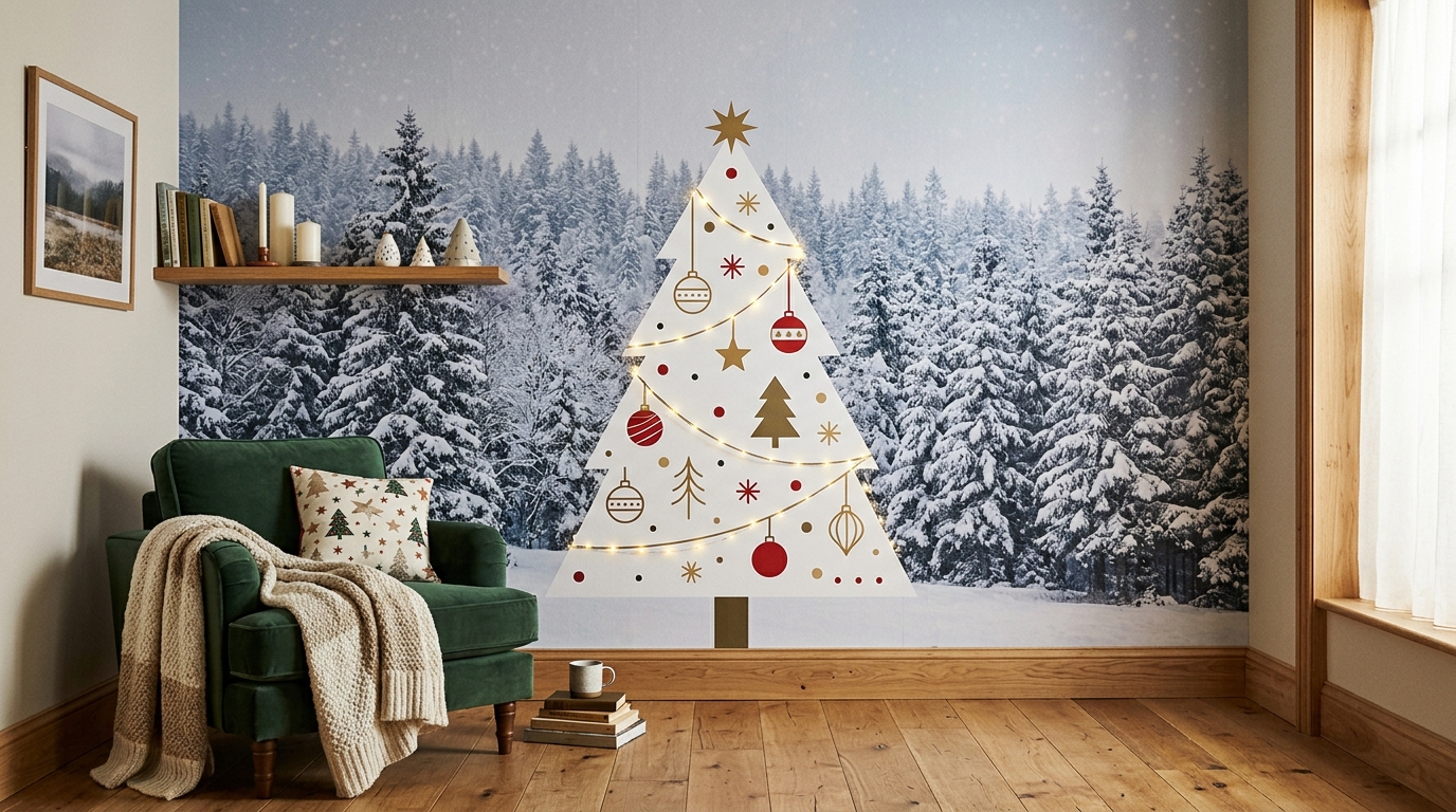 Mur de salon orné d'une forêt enneigée et d'un sticker sapin