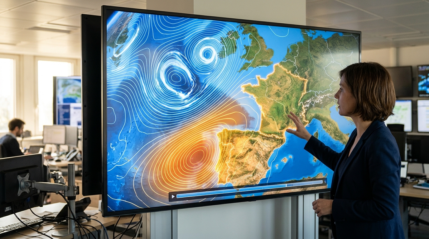 Carte météo de la France avec dépressions atlantiques en spirale