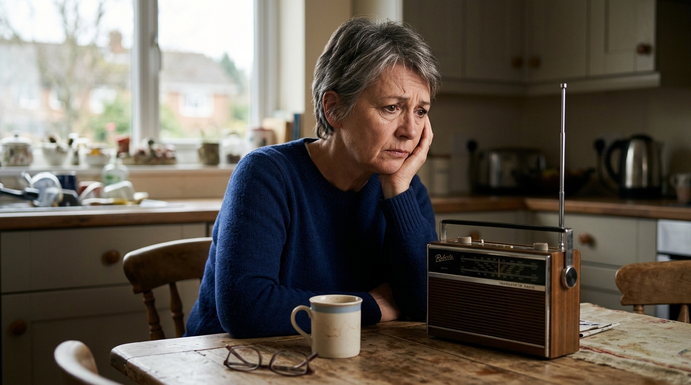 Femme inquiète à table écoutant la radio