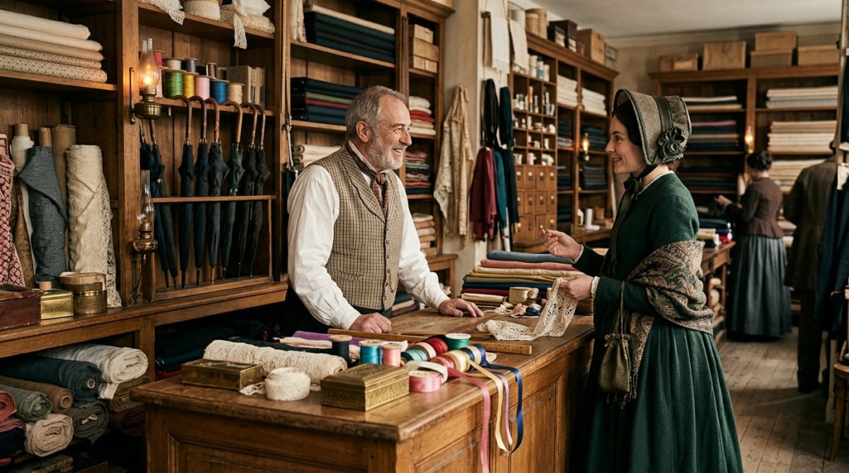 Mercerie parisienne de 1852 avec rubans et clients