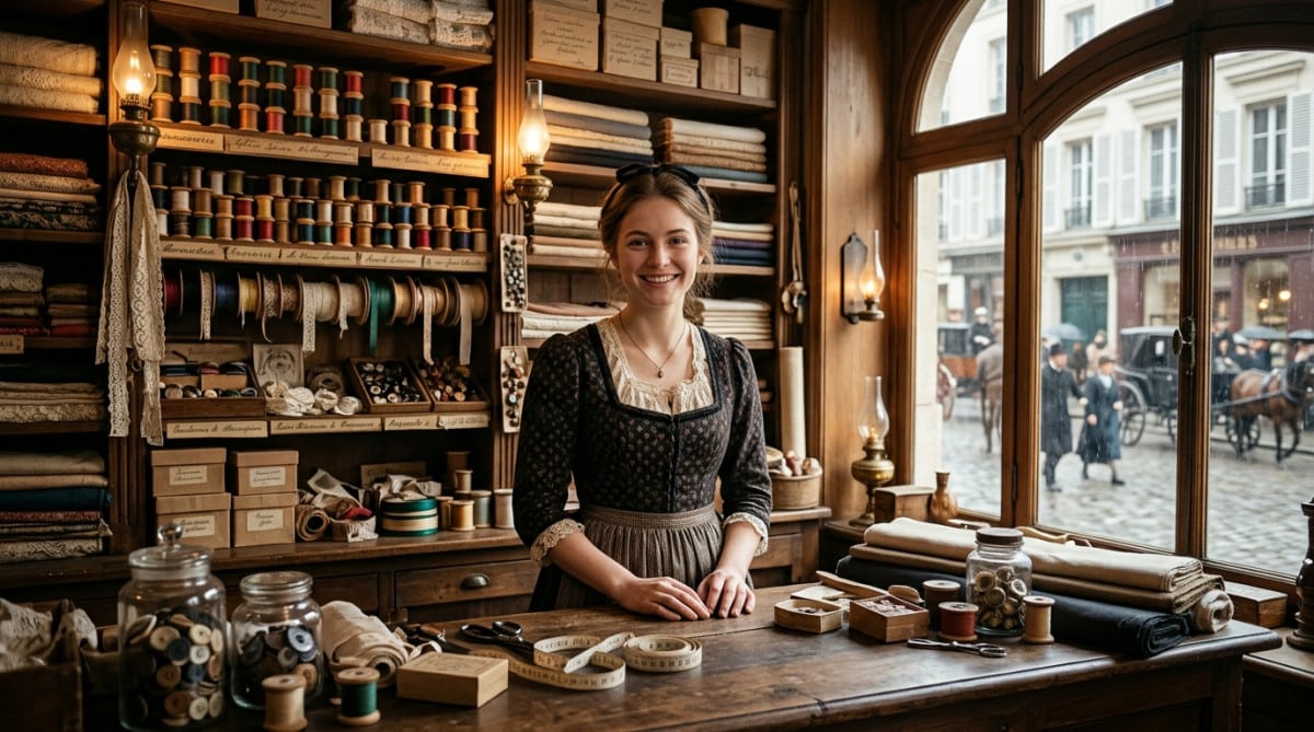 Mercière derrière son comptoir dans une petite boutique parisienne en 1893
