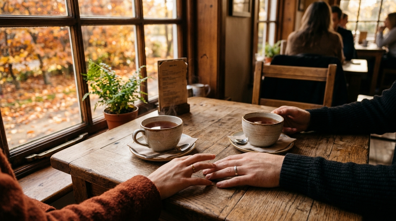 Deux mains proches autour de tasses de thé en automne