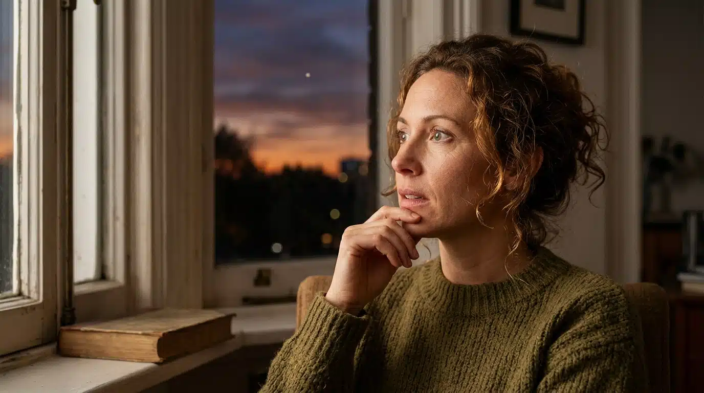 Femme pensive regardant le ciel crépusculaire par la fenêtre