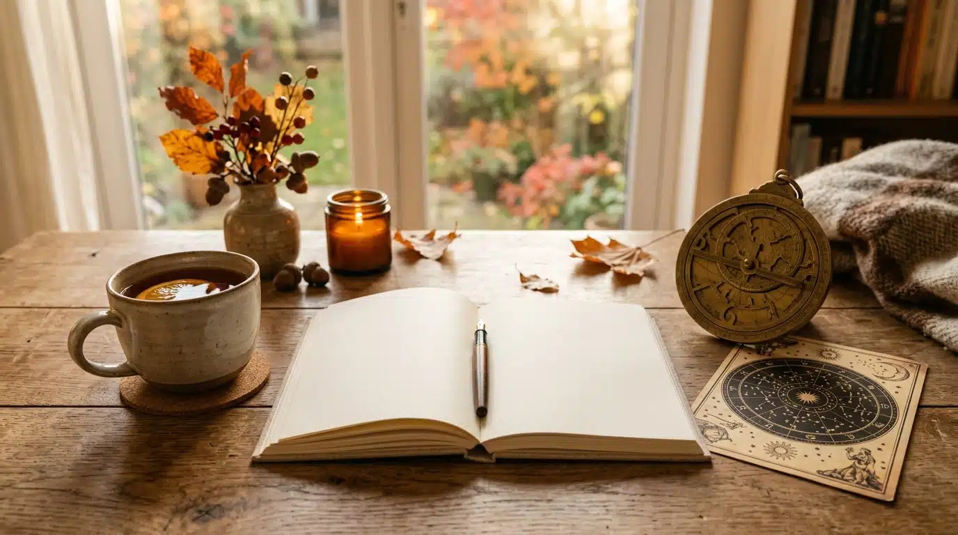 Bureau d'automne avec carnet, tasse de thé et astrolabe