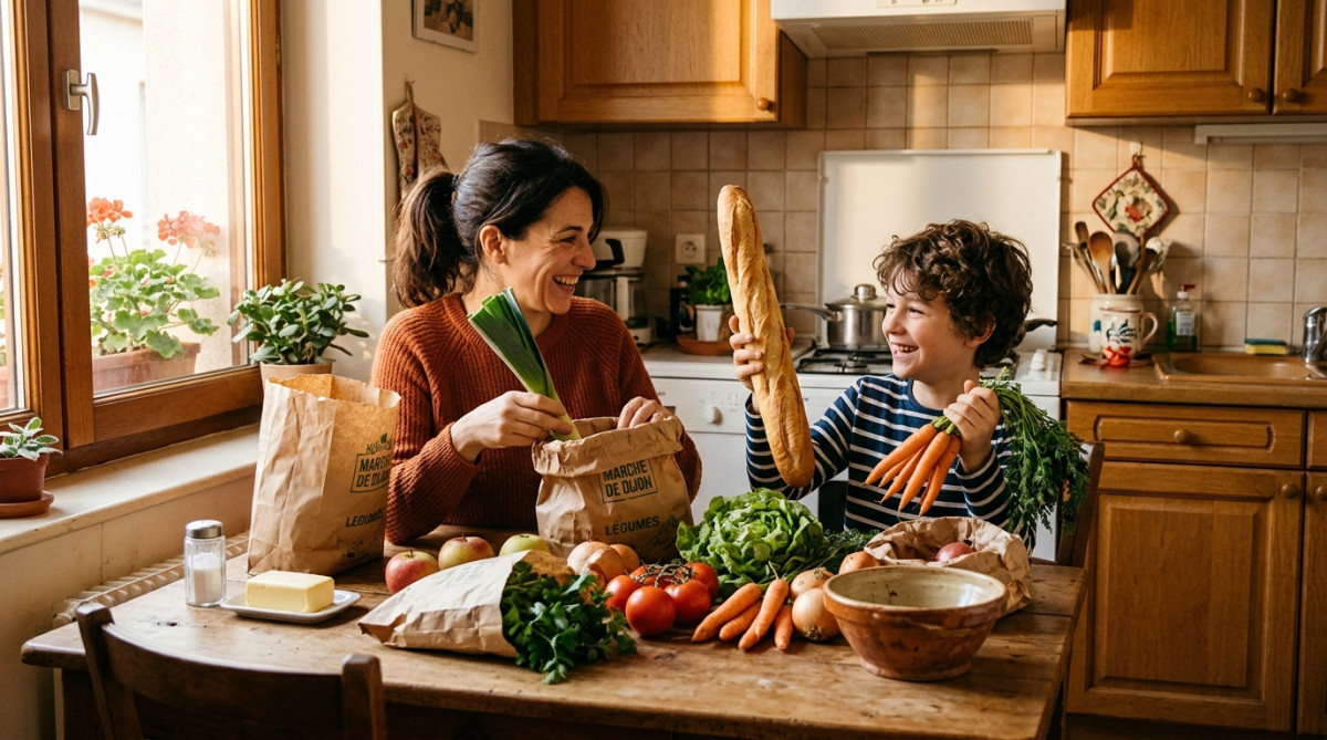 Mère célibataire et son fils rangeant les courses dans leur cuisine