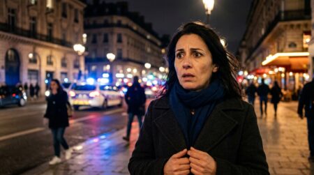 Femme stupéfaite dans une rue parisienne la nuit