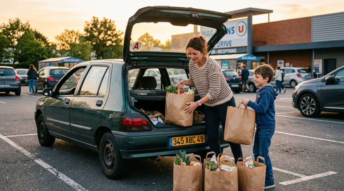 Mère de famille chargeant ses courses dans sa petite voiture