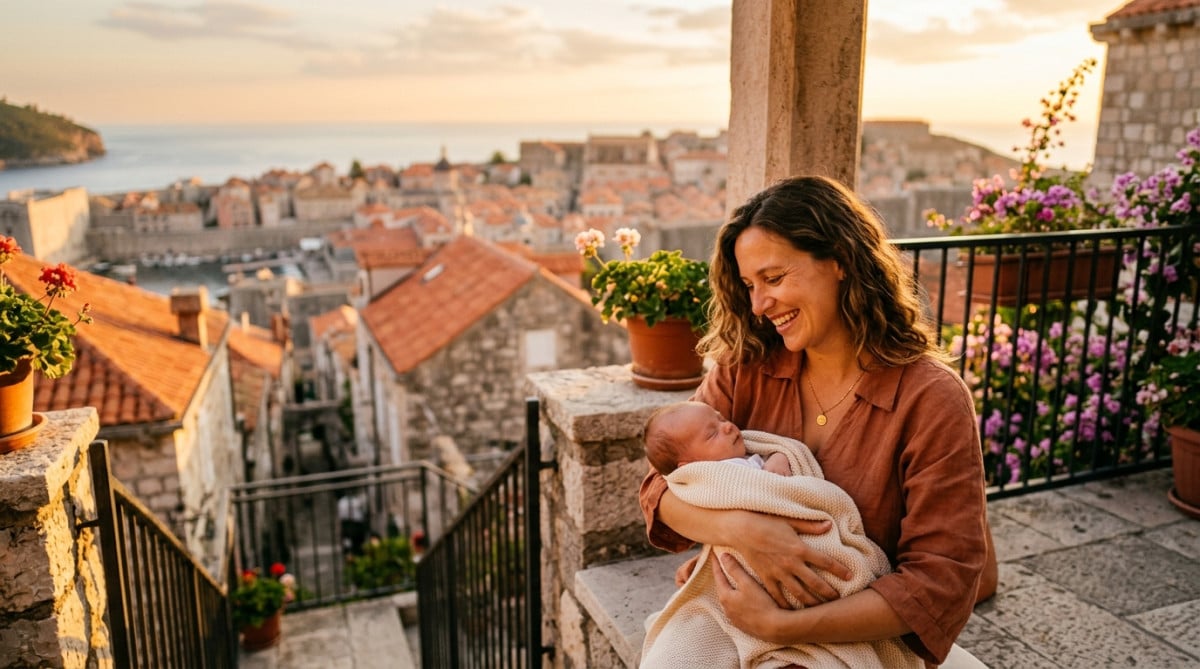 Mère souriante tenant un nouveau-né au soleil couchant