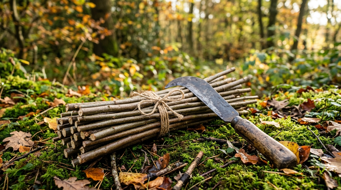 Fagot de gaules de noisetier et serpe en lisière