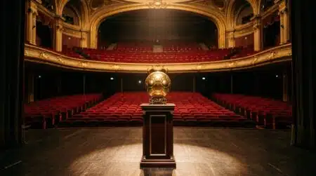 Trophée doré en forme de ballon sous un projecteur