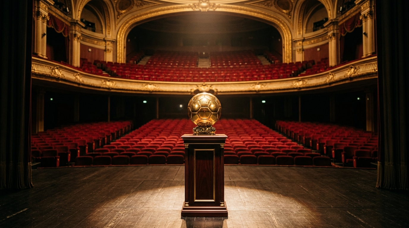 Trophée doré en forme de ballon sous un projecteur