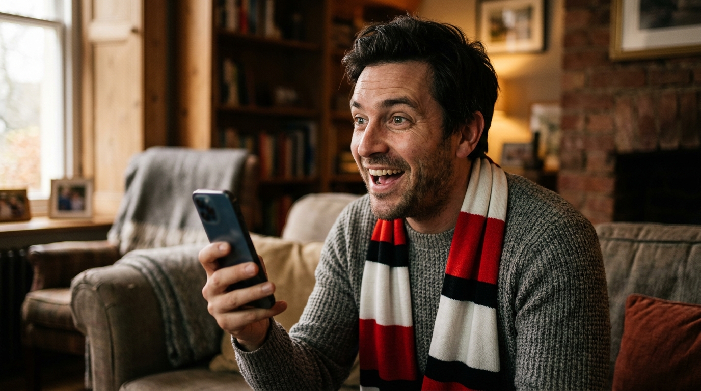 Supporter enthousiaste tenant son smartphone dans un salon