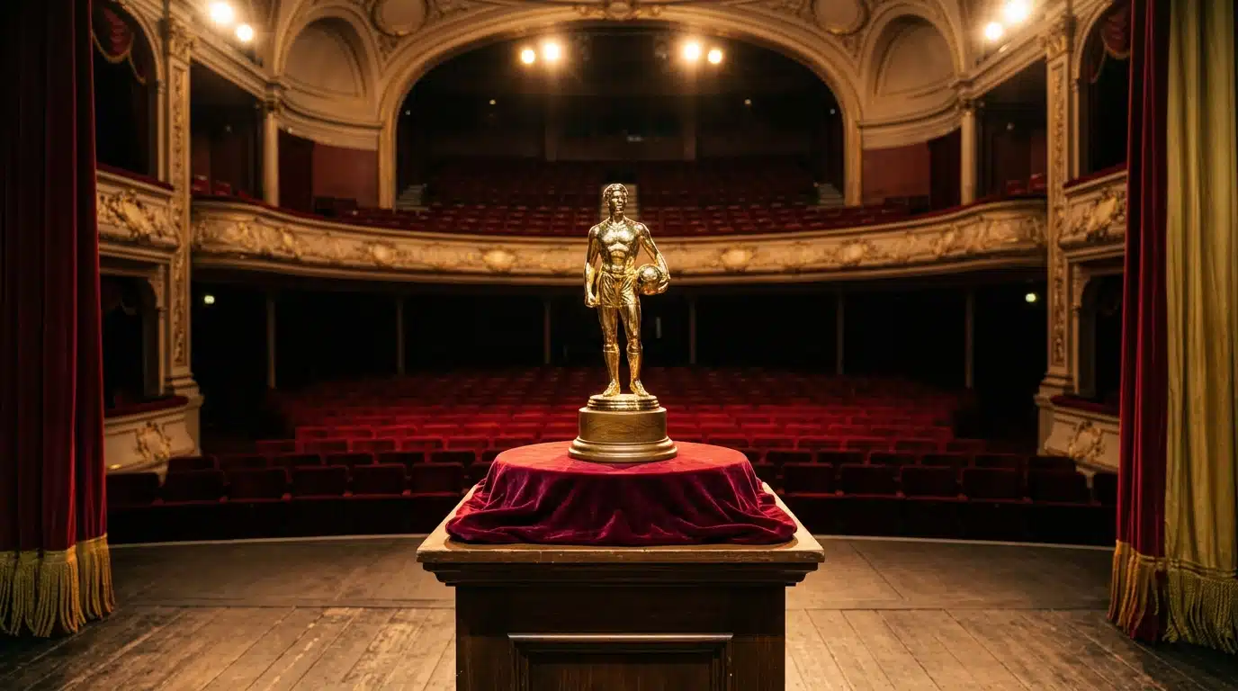 Trophée doré sur un podium de scène éclairé