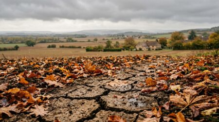 Sol sec parsemé de feuilles mortes sous les premières gouttes