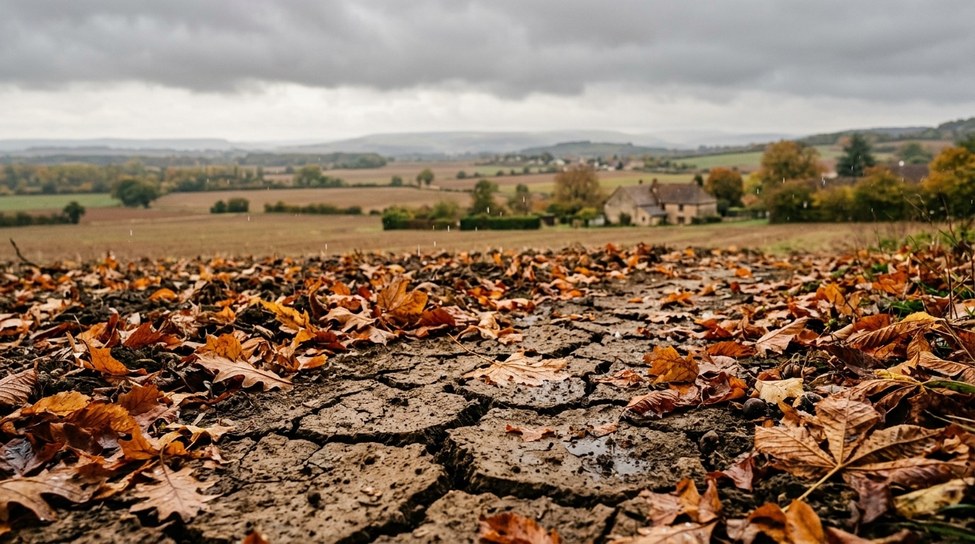 Sol sec parsemé de feuilles mortes sous les premières gouttes