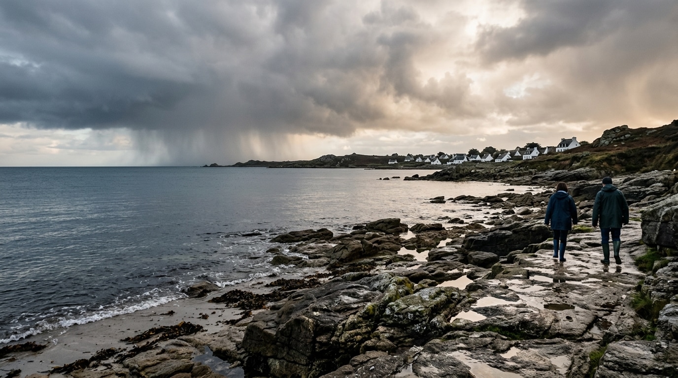 Ciel gris chargé de pluie au-dessus d'une côte bretonne