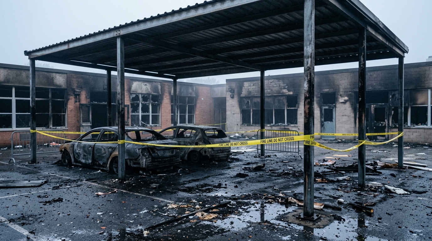 Préau de collège noirci avec carcasses de voitures et ruban de sécurité