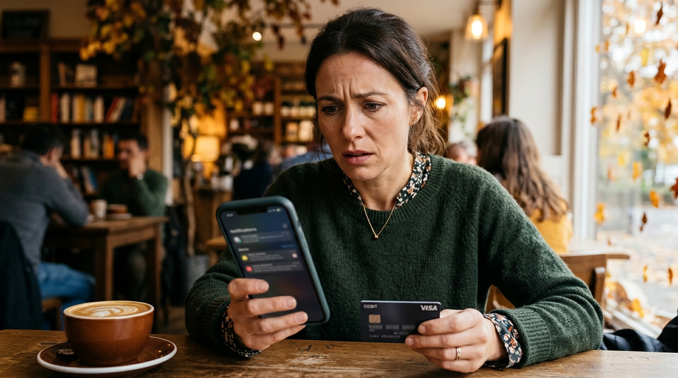 Personne inquiète regardant son téléphone dans un café d'automne