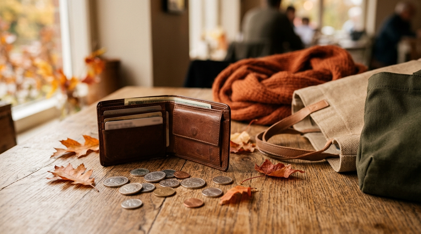 Portefeuille entrouvert, pièces et sacs de courses sur une table