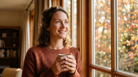 Visage souriant et soulagé près d'une fenêtre en automne