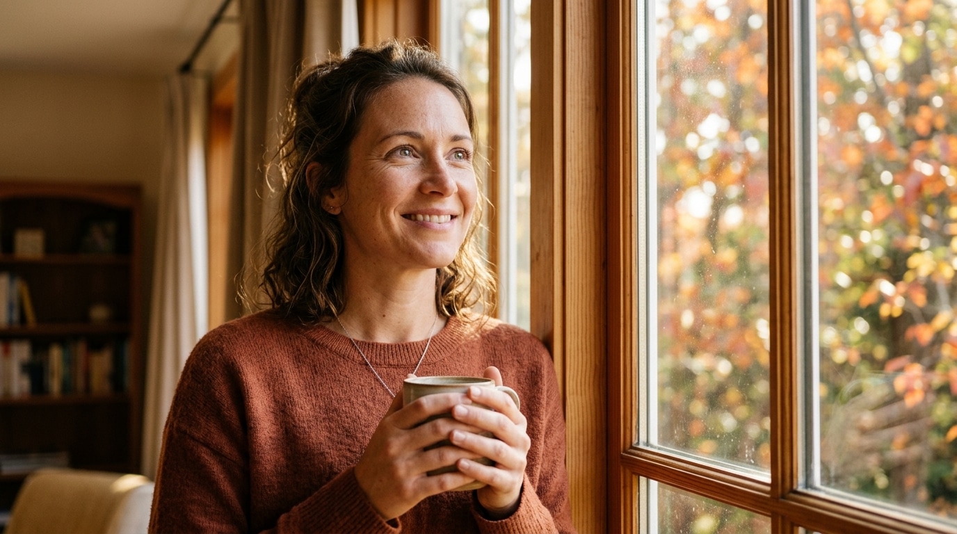 Visage souriant et soulagé près d'une fenêtre en automne