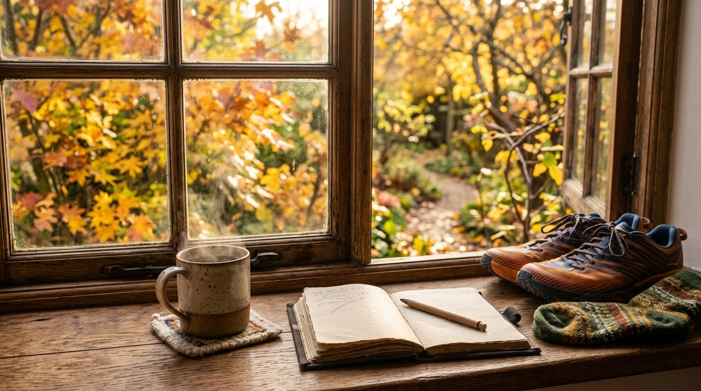 Tasse fumante et baskets sur un rebord de fenêtre d'automne