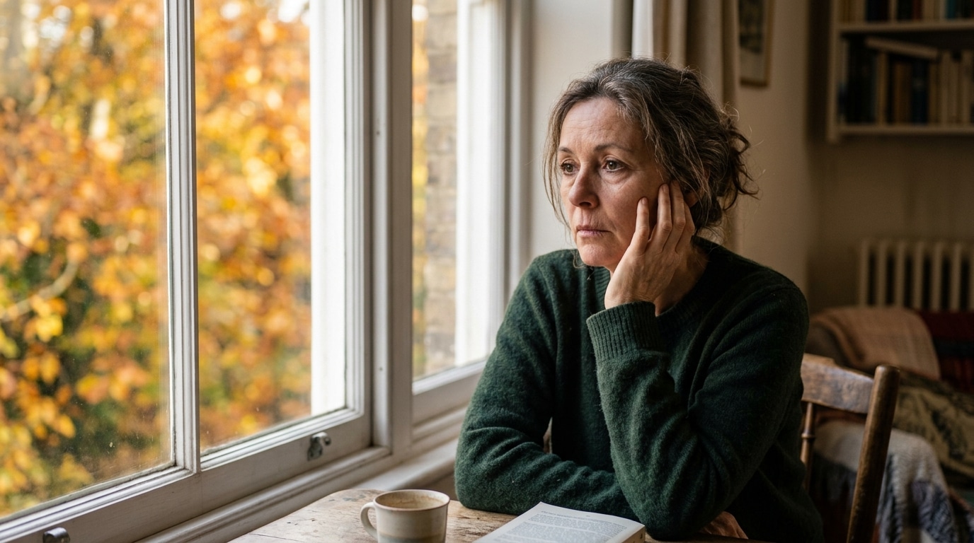 Personne pensive seule près d'une fenêtre en automne