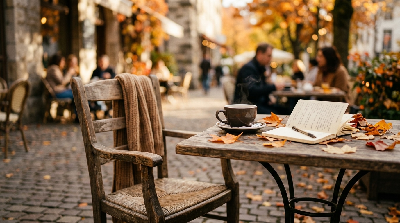 Chaise vide et tasse de thé sur une table d'automne