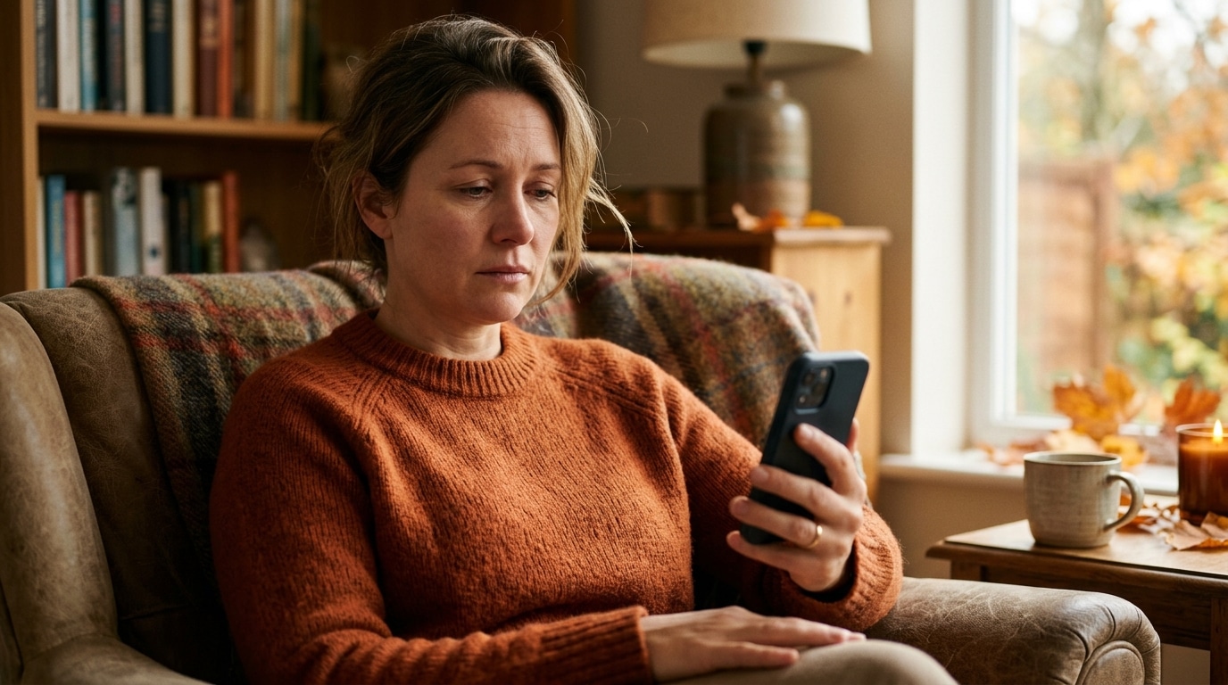 Femme pensive regardant son téléphone dans un salon d'automne