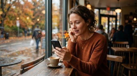 Personne soulagée lisant un message près d'une fenêtre d'automne