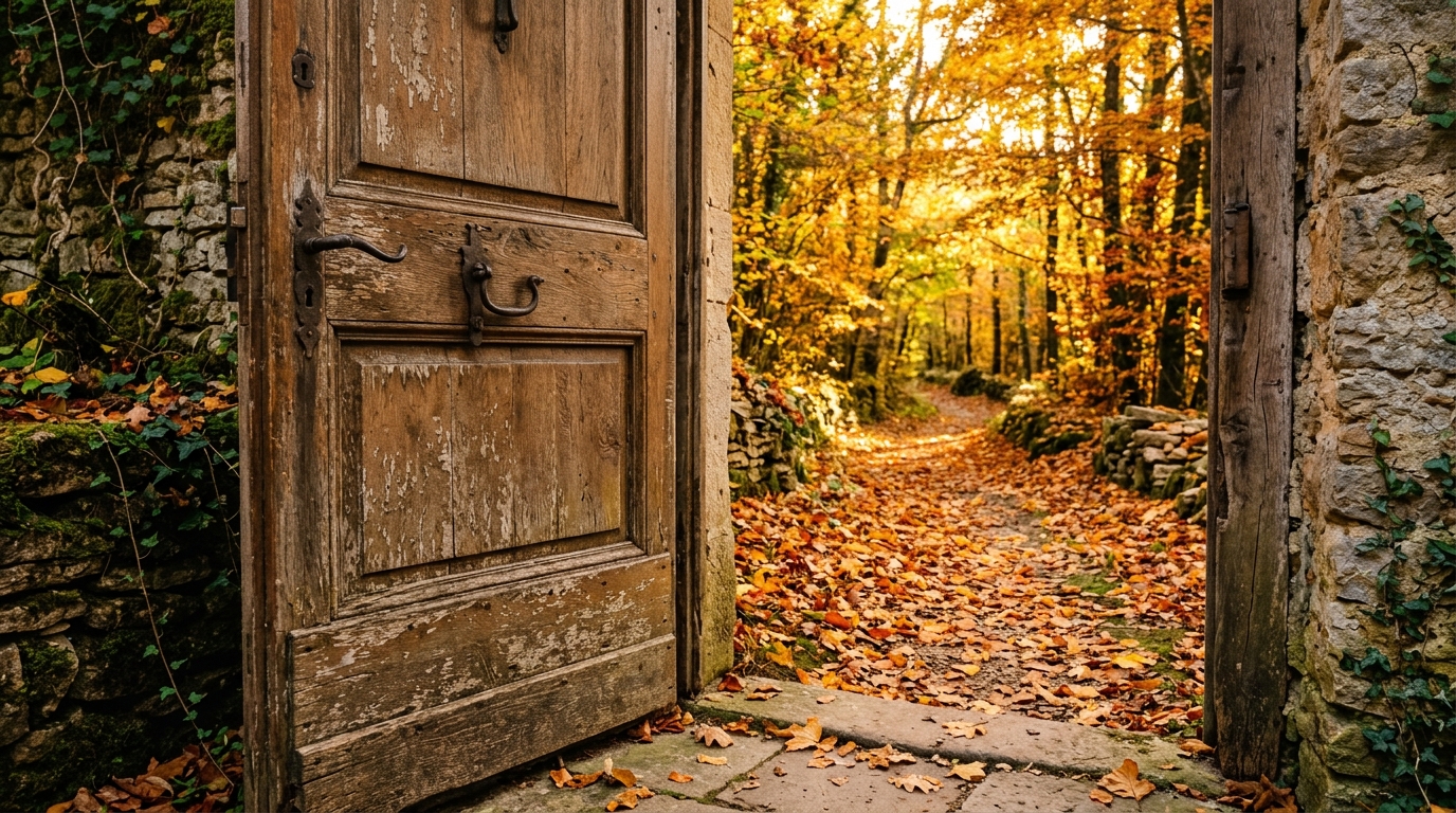 Porte entrouverte sur un chemin couvert de feuilles dorées