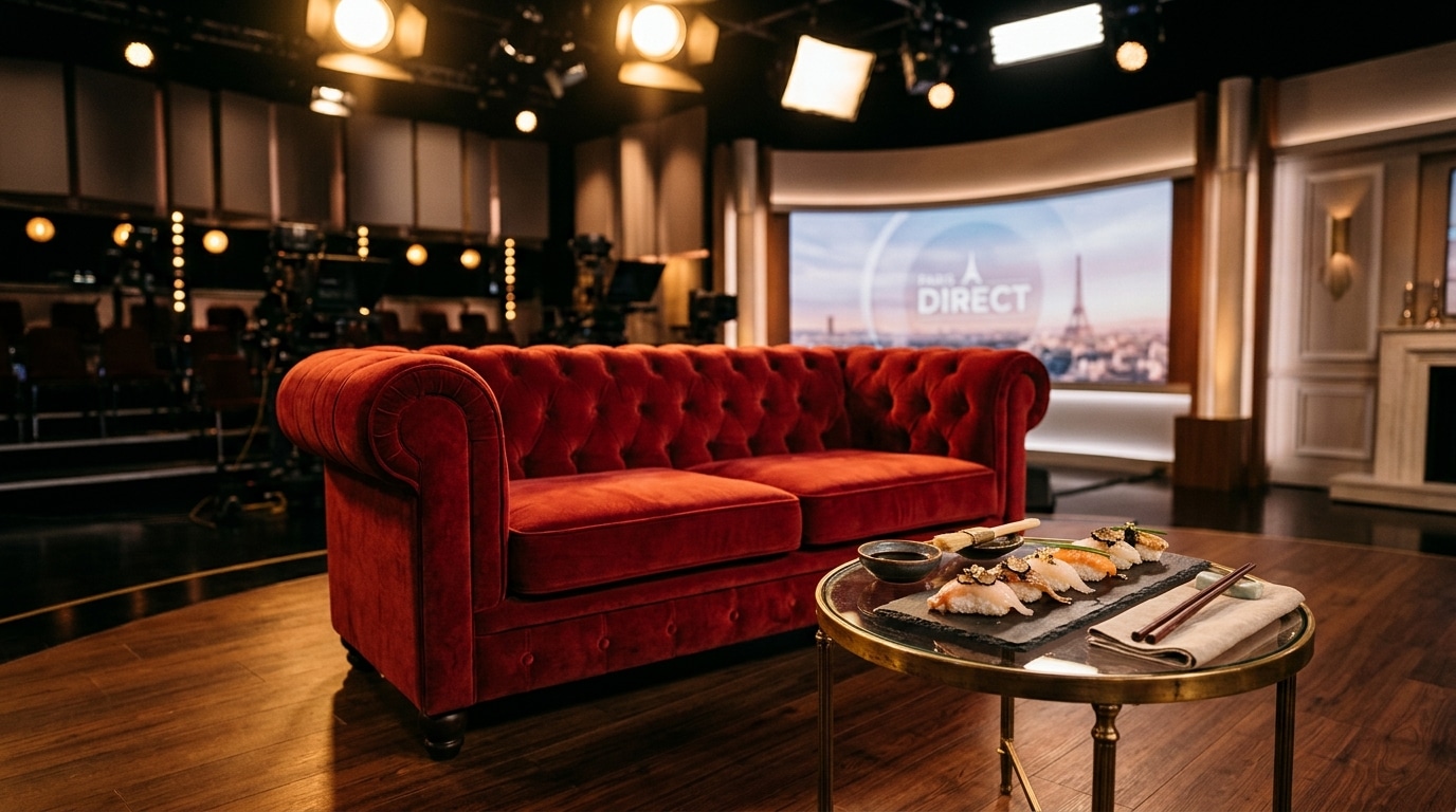 Canapé rouge d'un plateau télé avec un plateau de sushis à la truffe, façon Guy Savoy