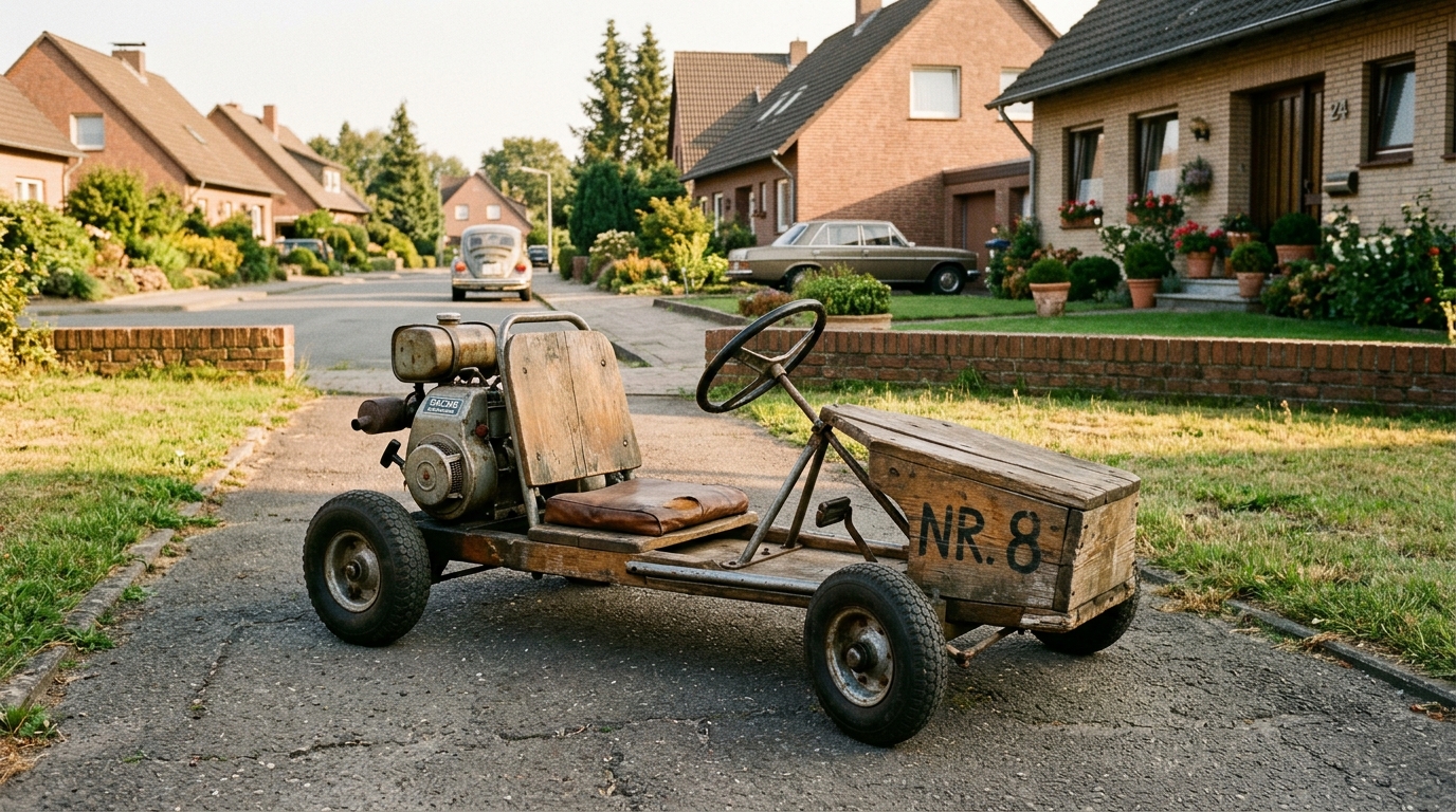 Un kart artisanal équipé d'un moteur de tondeuse à gazon, comme celui des tout premiers tours de piste du jeune Michael