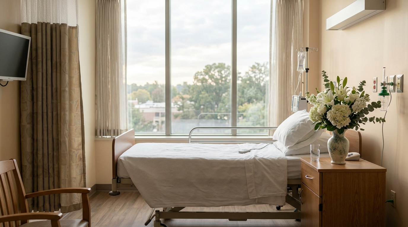 Une chambre d'hôpital silencieuse ornée de fleurs, évoquant l'état de santé du septuple champion du monde