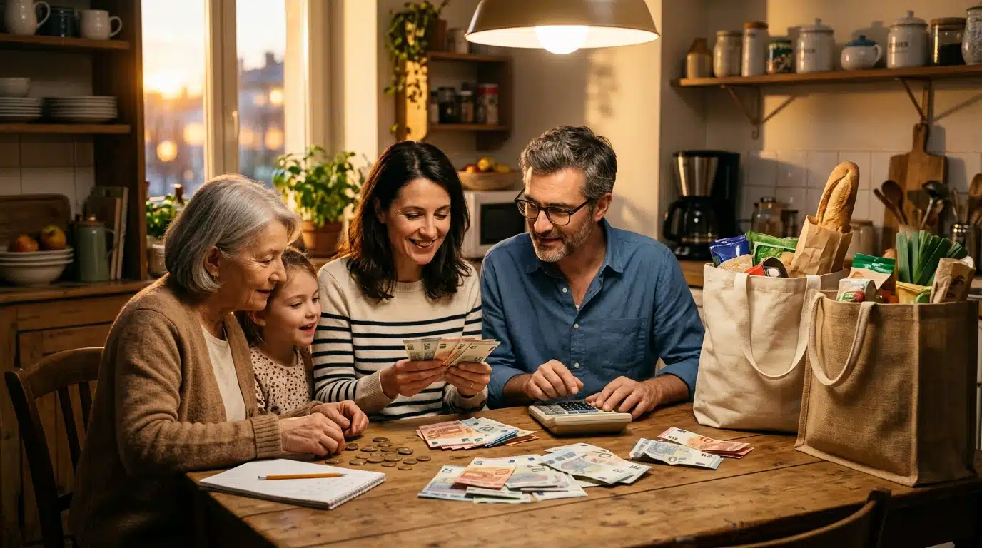 Famille comptant son budget courses à la table de cuisine
