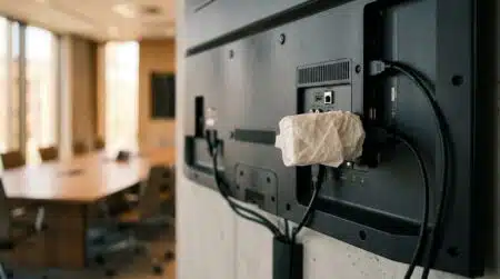 Petit appareil enveloppé de papier branché derrière une télévision