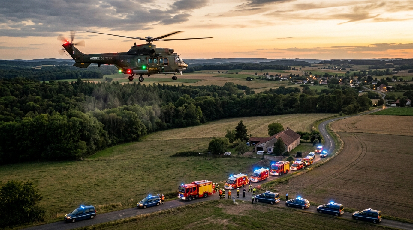 Hélicoptère de secours survolant champs et forêts au crépuscule
