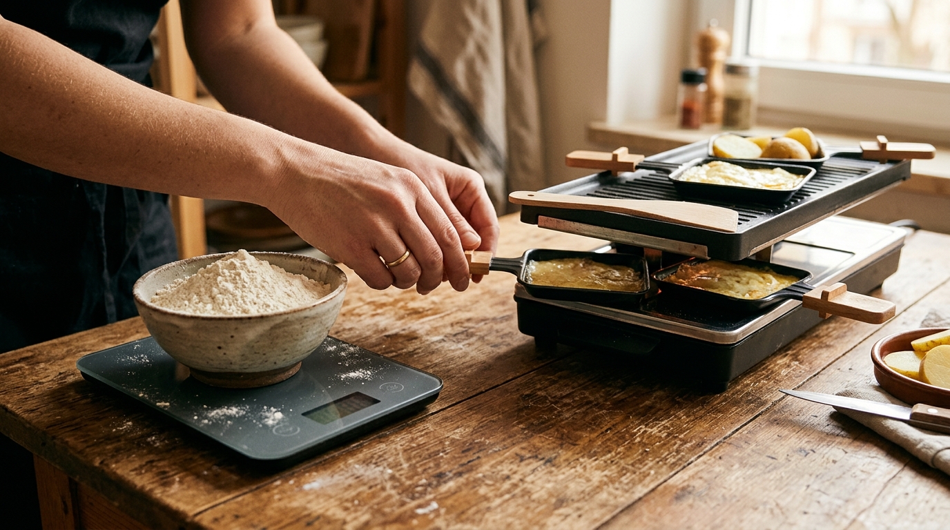 Balance de cuisine et appareil à raclette sur une table en bois
